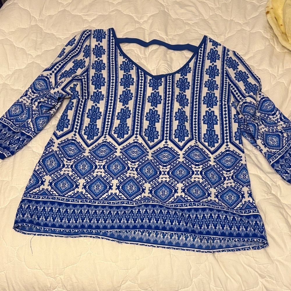 Elegant Blue Geometric Women's Blouse